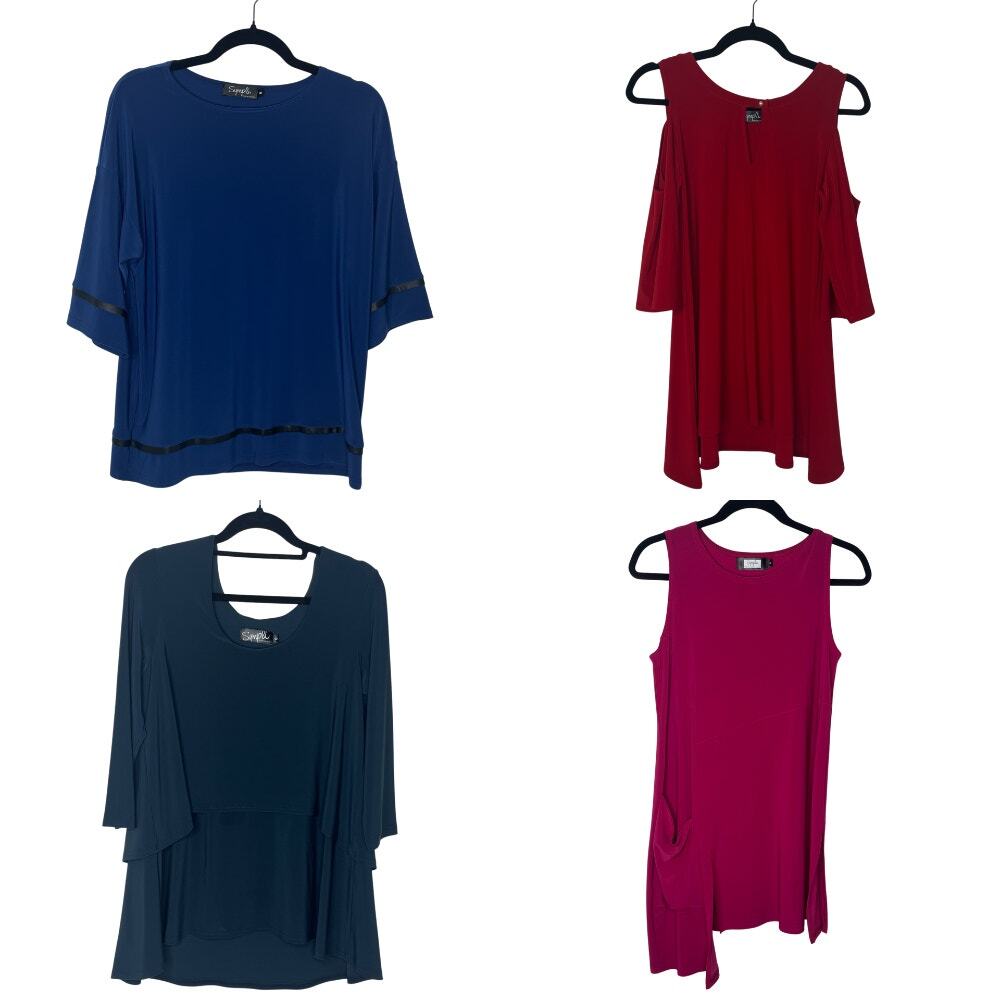 Sympli Size 6 Lot of 4 Tops Red Pink Blue Slinky Made in Canada Travel
